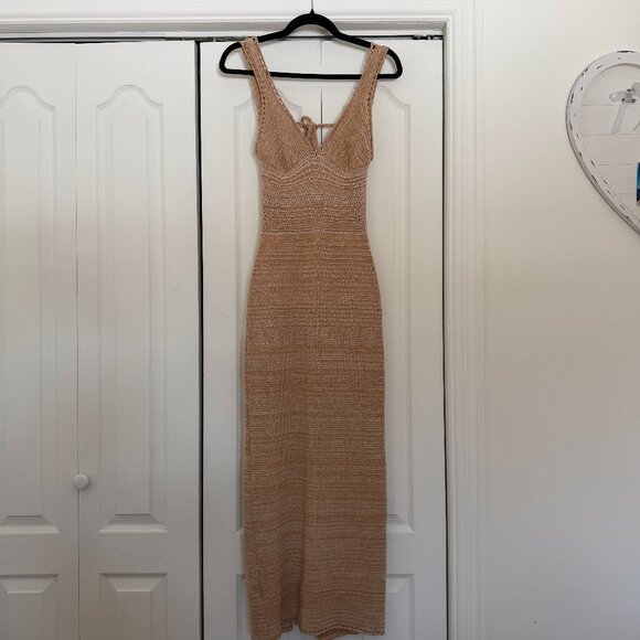 Torn by Ronny Kobo Dresses & Skirts - Beige Crochet Knit Backless Maxi Dress